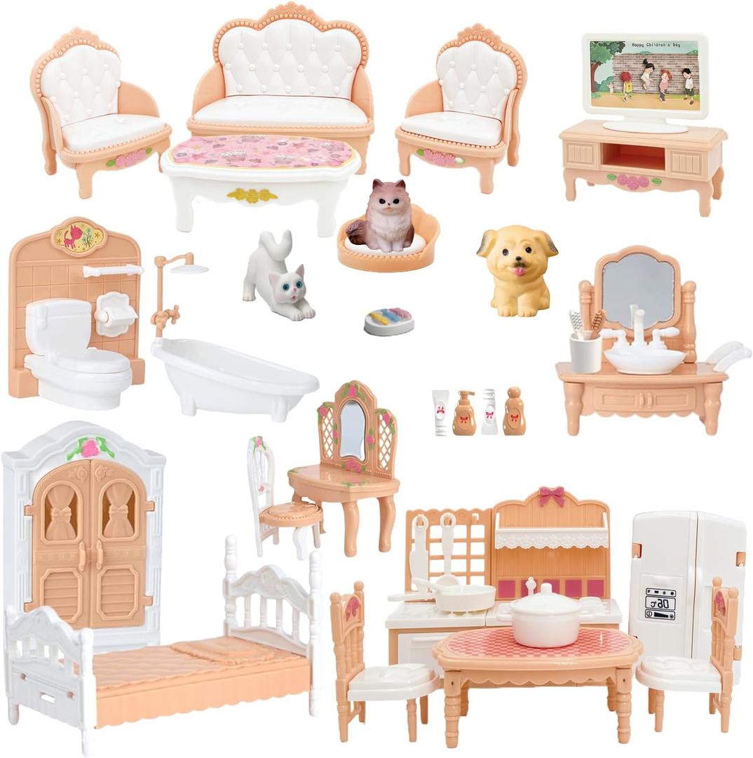 Dollhouse Furniture Set, Complete Room Collection with Kitchen, Dining, Living Room, Bedroom and Bathroom Accessories, Plastic (36-Piece Hrown)