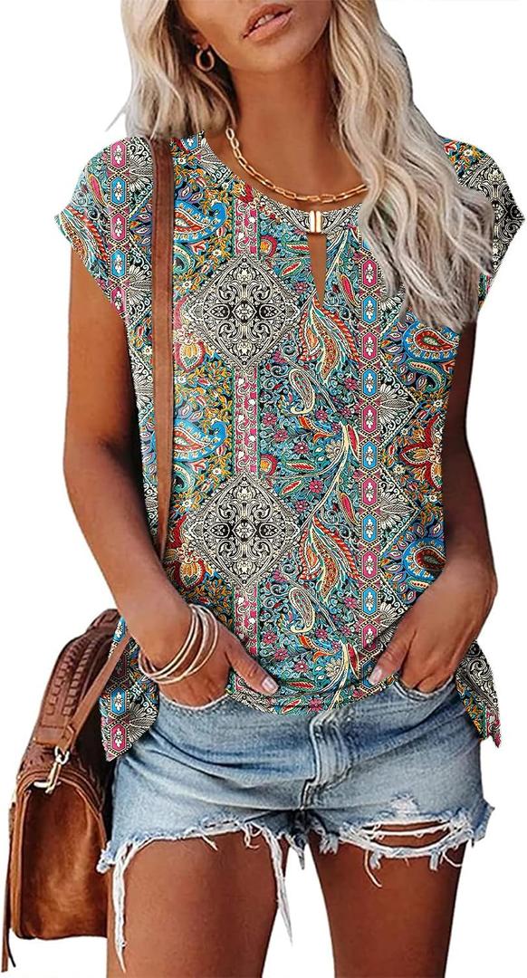 Kistore Women's Summer Casual V Neck Tank Tops Cap Sleeve Loose Fit Blouses Tunic Shirts (M)