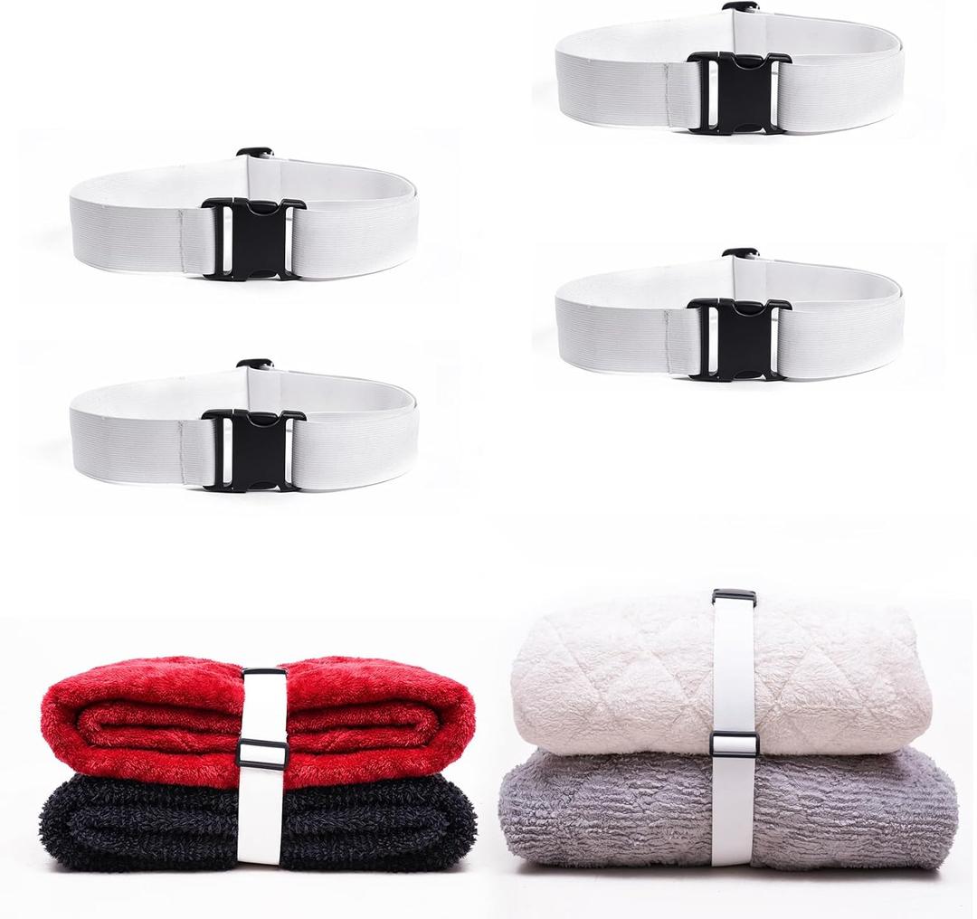 2 x 4PCS Bed Sheet Organizers and Storage,Foldable Sheet Set Organizer Keeper Band, Elastic Adjustable Straps for Bedding,Sheet Keeper Bedding Band (White)