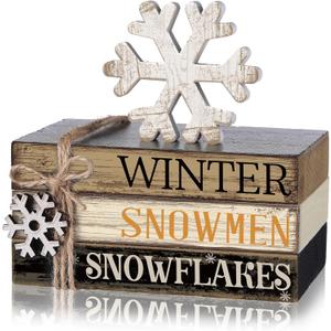4 Pcs Winter Table Decorations Snowmmen Tiered Tray Decorations Christmas Mini Snowflake Wooden Books Signs for Office Shelf Classroom Tabletop Bookshelf