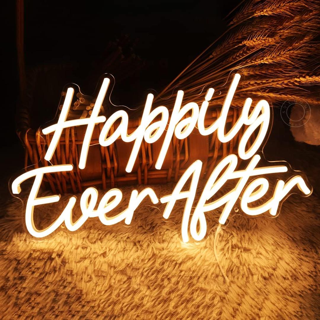 SYLHOME Happily Ever After LED Neon Light Sign Wedding Party Birthday Neon Art Wall Sign Decor USB Bedroom Home Pub Decor Valentine's Day Night Light 5V Warm White 15.75"X9.2"