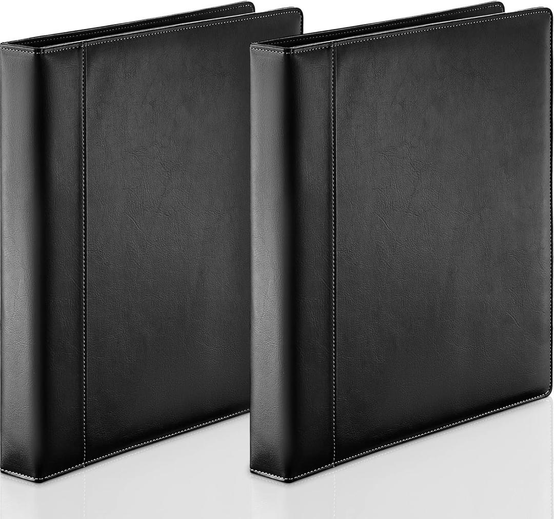 Marspark 2 Pcs 3 Ring Binder Professional Leather Binder Organizer Vintage Hardback Letter Size 8.5 x 11 Documents Round Rings Holds 200 Sheets with 2 Inner Pockets(1 Inch,Black)