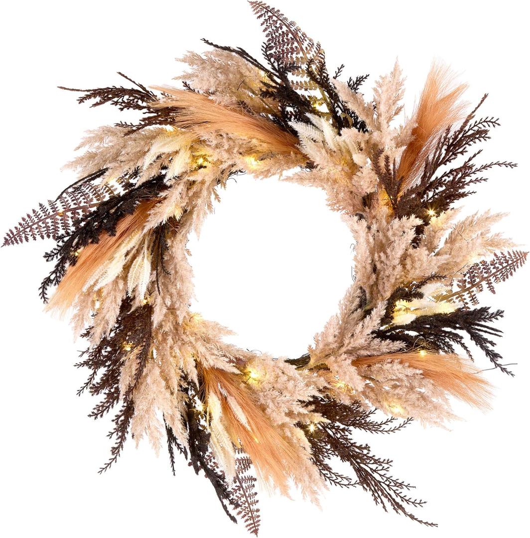 National Tree Company Pre-Lit Artificial Orange and Black Pampas Wreath, 30 Warm White LED Lights, 26 inch