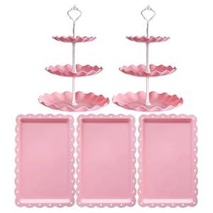 RAUVOLFIA 5 Pcs Dessert Stand Set, 2X Small 3 Tiers White Plastic Cupcake Stand Holder & 3X Rectangle Party Serving Trays/ Platters for Wedding Birthday Baby Shower Tea Party Buffet (Pink)
