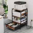 Extra Large Printer Stand with 2 Farbic Drawer, 3 Tier Printer Table with 4-Adjustable Heights, Rolling Printer Cart with Storage for Printer Scanner Fax Home Office Use, Rustic Black and Brown