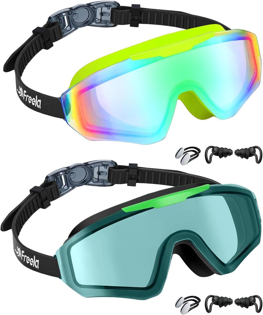Freela 2 Pack Kids Swim Goggles for 8-16, Anti-Fog UV Protection Extra Silicone Layer Swimming Goggles for Youth Boys Girls (Green-blackblack)