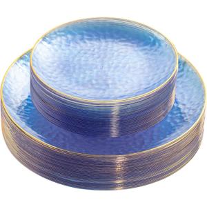 Rubtlamp 60Pcs Clear Blue Plastic Plates, Hammered Blue Plates, Clear Fancy Disposable Plates With Gold Rim Include 30 Dessert Plates, 30 Dinner Plates for Party