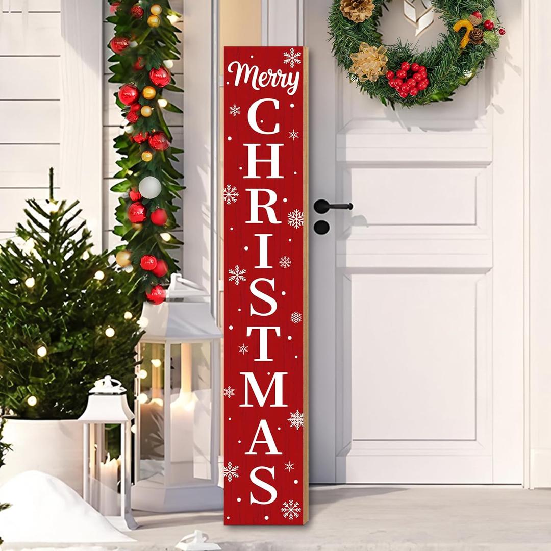 Christmas Wooden Porch Sign 47" Merry Christmas Snowflake Welcome Porch Signs for Front Door Xmas Vertical Standing Signs Wooden Hanging Sign Decor for Xmas Garden Home Front Door Yard Farmhouse Decor