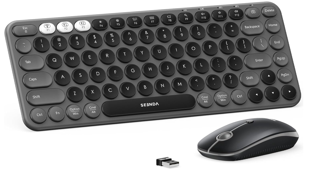 seenda Bluetooth Wireless Keyboard and Mouse Combo, COE203 Quiet Round Keycaps, 3Device MultiConnection, Bluetooth & 2.4G USB Receiver, Wide Compatibility with iPad/Tablet/Laptop/Mac/Windows, Black