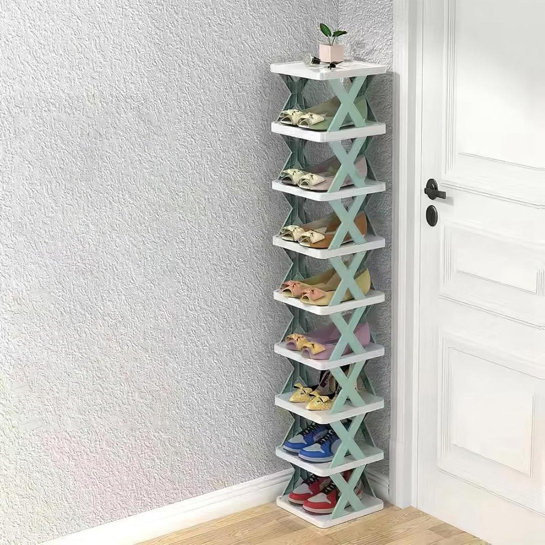 KOCASO Tall Narrow Vertical Shoe Rack, 9 Tier Space Saving Shoe Shelf Plastic Shoe Rack Free Stackable Shoe Organizer for Entryway, Living Room, Doorway, Closet, Bedroom, Corner, Blue