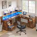 YITAHOME L Shaped Desk with Power Outlets & LED Lights, 60" Corner Computer Desk with Drawers & Lift Top, Home Office Desk with Monitor Stand & File Cabinet, Wood Height Adjustable Desk, Rustic Brown