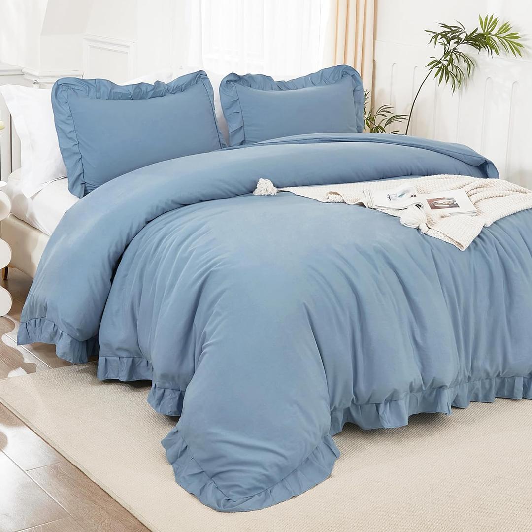 Litanika Grayish Blue Full Size Comforter Sets, 3 Pieces Ruffle Farmhouse Aesthetic Bedding Comforter Sets, All Season Soft Lightweight Fluffy Microfiber Bed Set(79x90In Comforter, 2 Pillowcases)