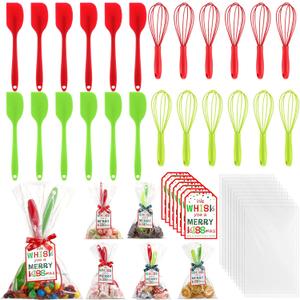 Bokon 12 Sets 48 Pcs Christmas Whisk Spatula Baking Gifts Red Green Christmas Kitchen Sets Includes Silicone Steel Whisk Spatula Greeting Cards Ribbons Plastic Bags Cooking Supplies for Xmas Gift