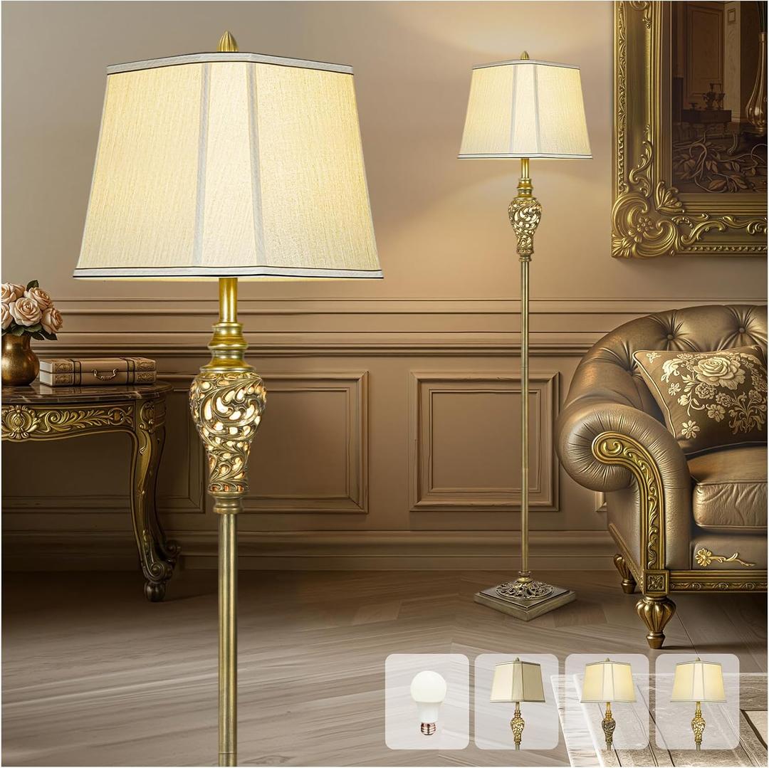 Vintage Floor Lamp for Living Room, 65" Tall Lamp with Nightlight and Beige Faux Silk Shade, Farmhouse Standing Lamp for Bedroom, Office Corner, or Study, Elegant Rustic Home Decor (LED Bulb Included) (Antique Brass-No Tray)