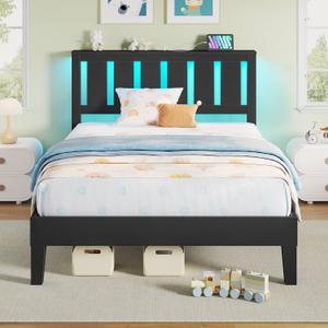 Rolanstar Twin Bed Frame with Headboard, Solid Wood Bed Frame Foundation with Wood Slat Support, Charging Station & LED Lights, No Box Spring Needed, Black