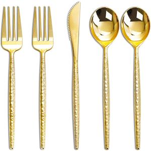 Rubtlamp 180 Pcs Gold Plastic Silverware - Disposable Plastic Utensils - Hammered Plastic Forks And Spoons - Gold Plastic Cutlery Set Include 60 Forks, 60 Knives And 60 Spoons for Party