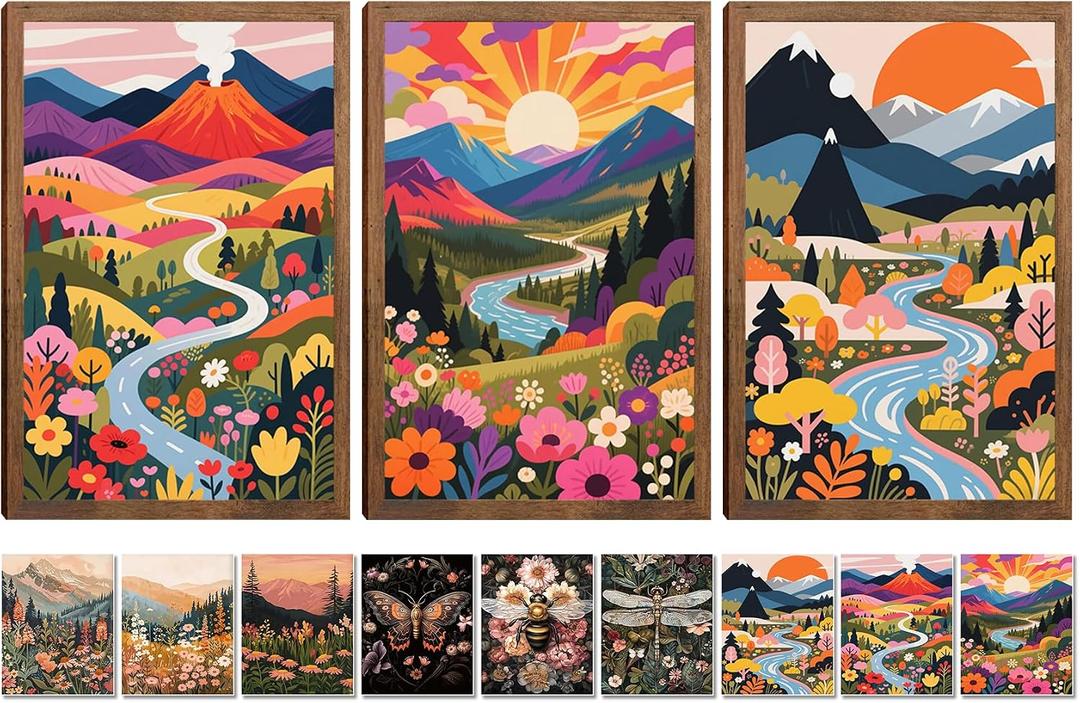 Wood Frame Boho Colorful Wall Art, Set of 3 Abstract Watercolor Mountain Landscape Canvas Wall Decor Painting, Nature Flower Aesthetic Posters＋Set of 9 8x10 Poster for Living Room Bedroom Home 24x16In