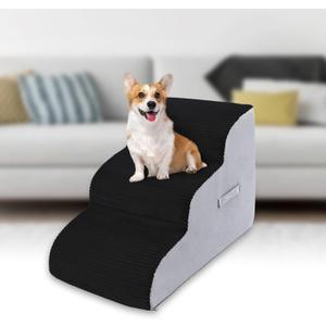 High Density Foam Dog Stairs Steps, Non-Slip Extra Wide Deep Pet Steps for Beds Or Couches, for Injured or Older Pets Dogs and Cats with Joint Pain (3-Tiers (Black))