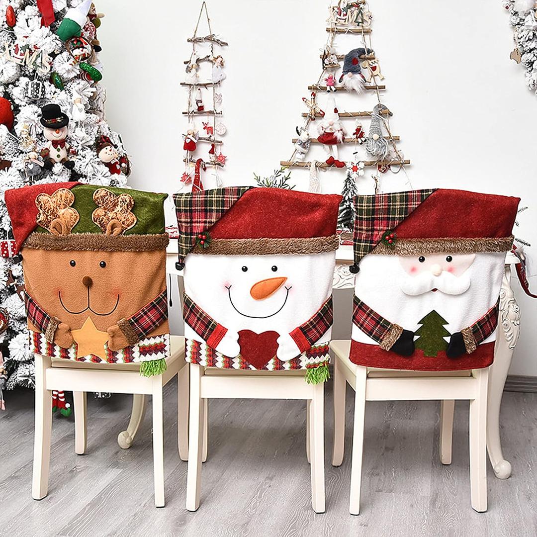Cute Christmas Chair Covers, Colorfast Christmas Themed Chair Covers Set of 6, Santa Claus Snowman Reindeer Xmas Dinner Chair Back Cover for Kitchen Dinning Room Holiday Party Decor (4PCS-C)