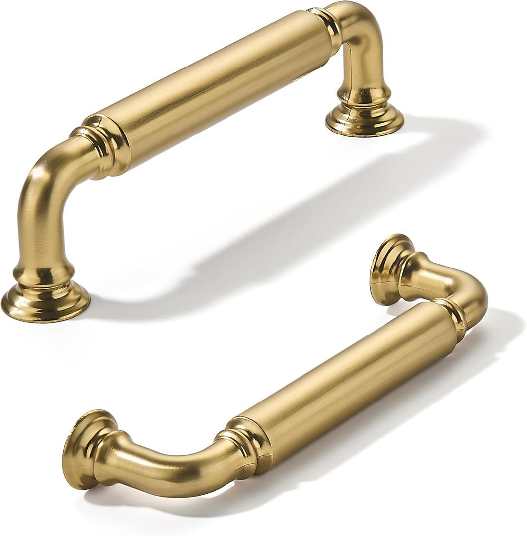khtumeware 10-Pack Brushed Brass Heavy-Duty Solid Cabinet Pulls, 4 Inch (102mm) Hole Center, Satin Gold Drawer Pulls, Cabinet Hardware, Suitable for Kitchen Cabinets, Bathrooms and Dressers