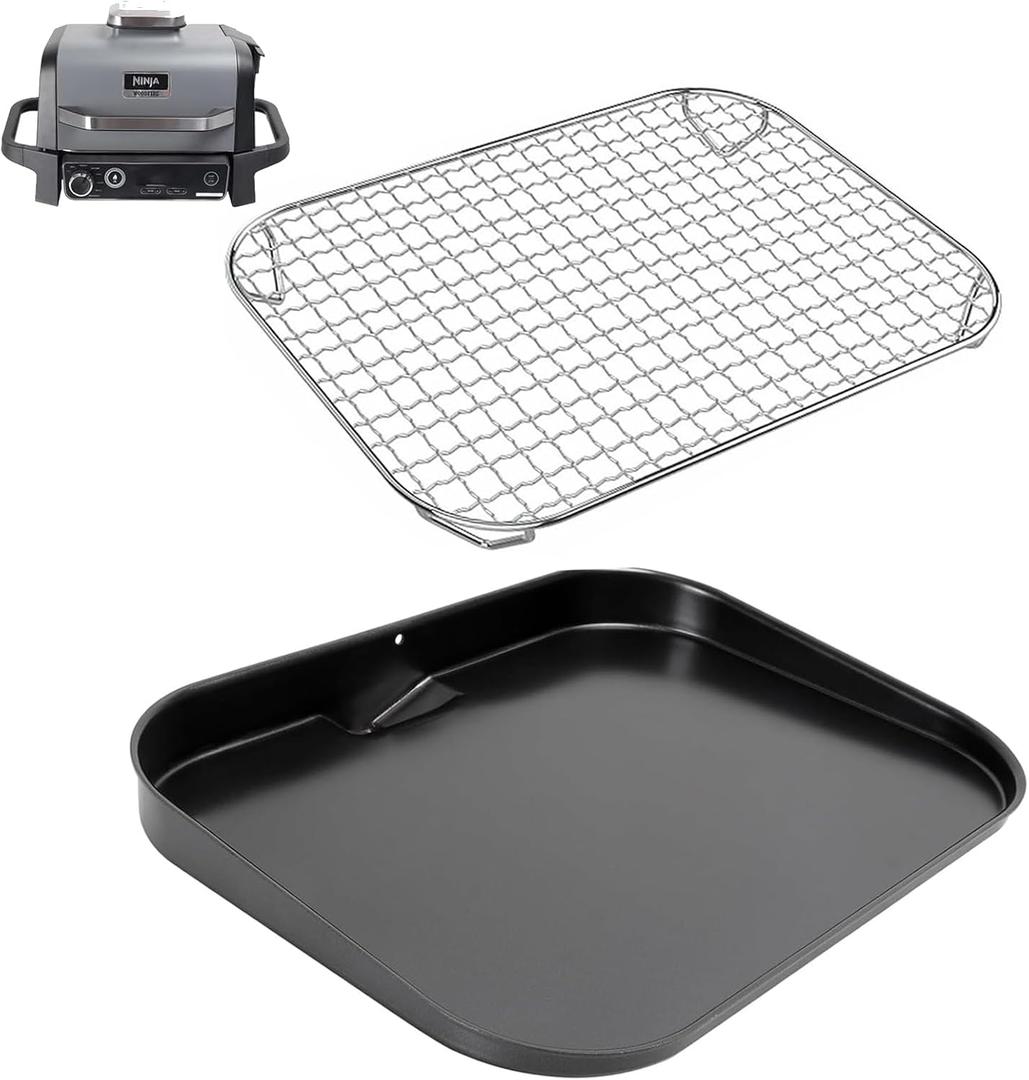 OG701 Grill Griddle Plate and Rack for Ninja XSKGRDPLT Woodfire OG700 Series, Heavy-Duty Non-Stick Griddle Pan with Oil Hole, Ninja Grill Flat Top Griddle Plate Accessories, 2-Pack for OG700
