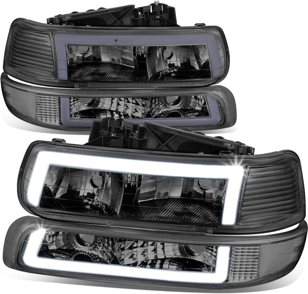 DNA MOTORING HL-LB5-CSIL99-SM-CL1 Pair of 3D LED DRL Headlights & Bumper Parking Turn Signal Lamps Compatible with 99-02 Silverado 1500 2500,Smoked Lens (LB5-SMOKED CLEAR)