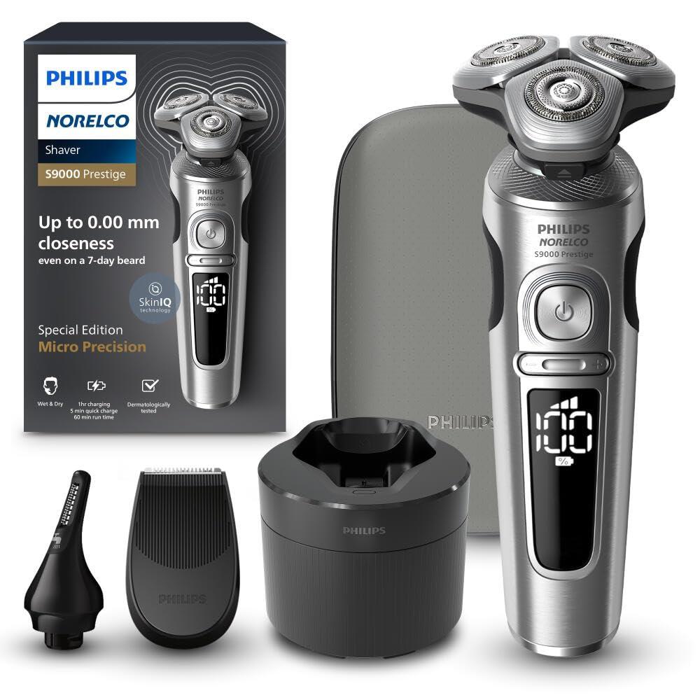 Philips Norelco Shaver Series 9000 Prestige Special Edition, Wet & Dry Electric Shaver, Lift/Cut & SenseIQ Technology, Nose & Precision Trimmer, Qi Pad, Cleaning Pod & Premium Case, SP9842/85 (Bright Chrome)
