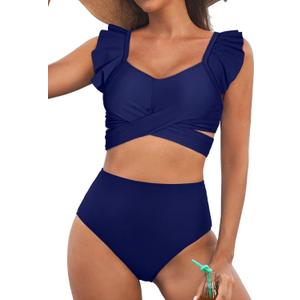 Aleumdr Women's High Waisted Bikini Sets Ruffle Two Piece Swimsuits Crisscross Bathing Suits (Medium, A3 Navy Blue)