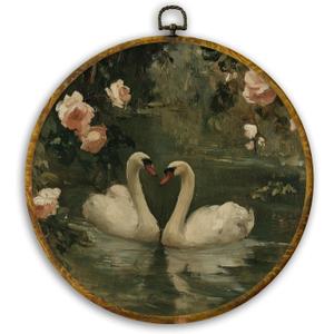 CUANFDDSF Vintage Floral Swan Round Wall Art, Classical Romantic White Swan Framed Hanging Wall Decor, Cottagecore Elegant Animal Canvas Prints Decorations for Home Bedroom Living Room, 10x10 Inch (Colour 02)