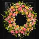 24 Inch Pink Orange Colorful Wildflowers Wreath, Artificial Poppy Wreath with Greenery Leaves, Spring Summer Decor Wreath for Front Door, Indoor Outdoor Wall, Window, & Farmhouse Home Decor