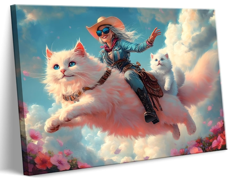 Western Cowgirl Canvas Wall Art Trendy Poster Cat Cute Pictures Vintage Prints Cowgirl Painting 12x16 No Frame