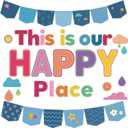 4 x Gueevin Back to School Bulletin Board Decoration This is Our Happy Place Bulletin Board Set DIY Paper Cutouts for Classroom First Day of School Chalkboard Wall Decor