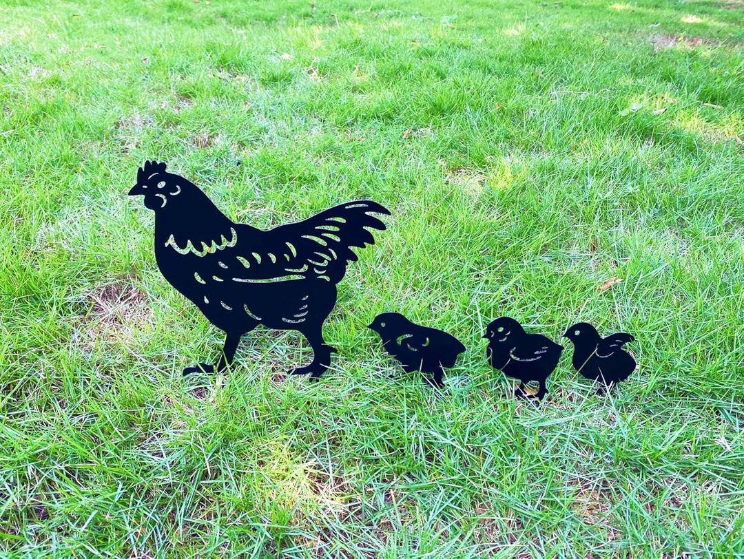 4 Pack Chicken Garden Decorative Stake Metal Chicken Statues Hen and Chicks Silhouette for Yard Outdoor Lawn Patios Garden Decoration