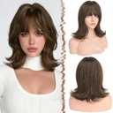 FESHFEN Shoulder Length Bob Wigs with Bangs for Women - Brown with Highlights Natural Layered Wavy Synthetic Wig For Daily Party Costume Use 14 Inch