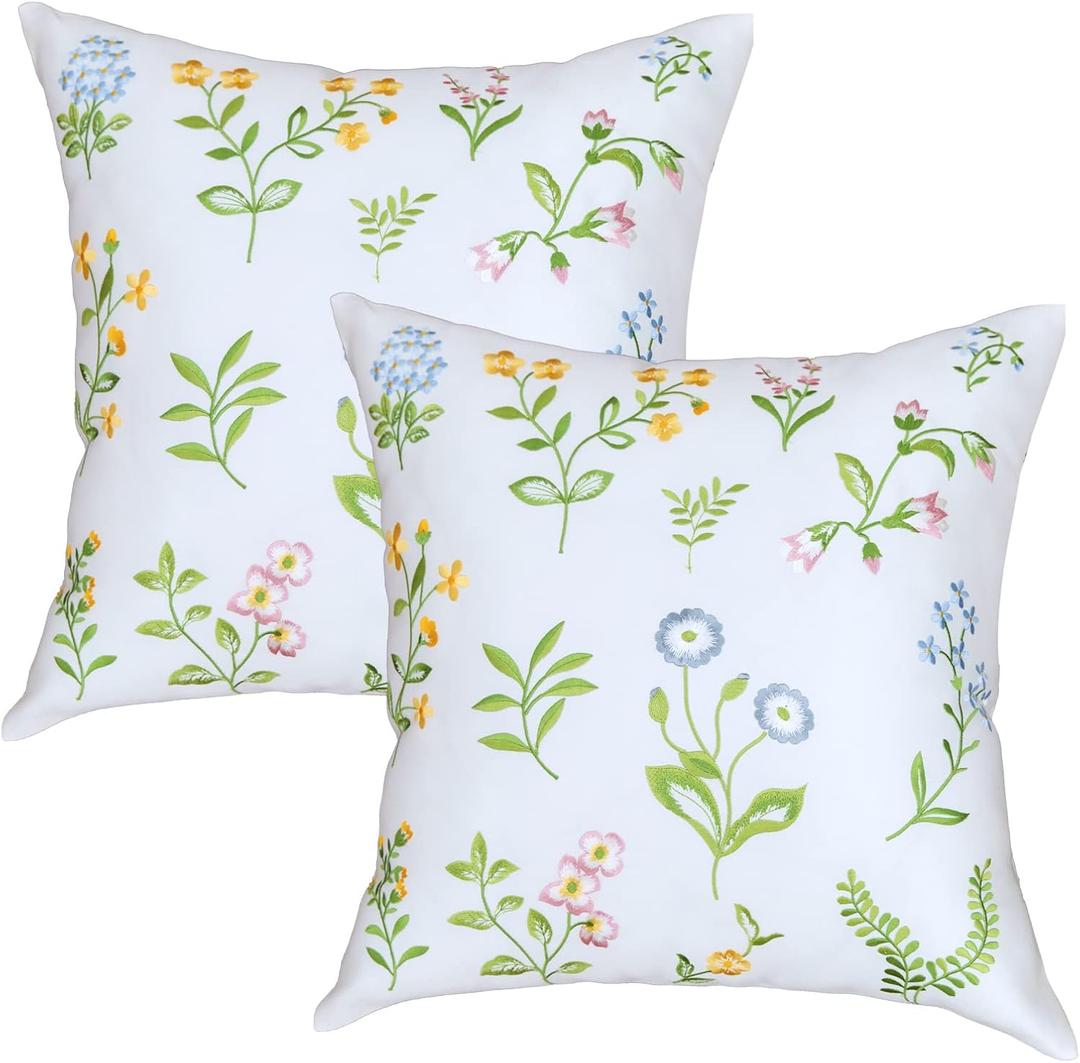 Pillow Covers 18 x 18 Inches Set of 2 White Soft Throw Pillow Covers Farmhouse Decoration Exquisite Embroidery Cushion Covers for Home Bed Couch Sofa (Garden-green)