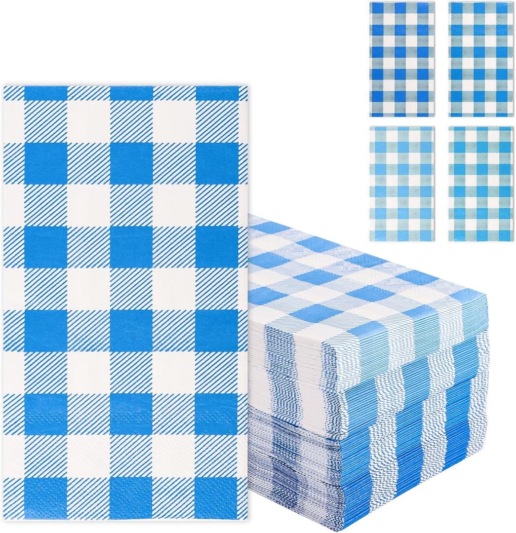 Blue Gingham Napkins Disposable Rectangle: 100PCS Checkered Paper 15.7x11.8 Inch for Dinner Party