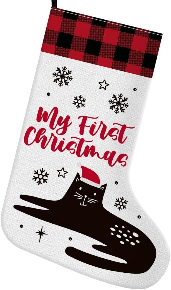 Cat Christmas Stocking Gifts, Burgundy Buffalo Christmas Stocking Christmas Xmas Decor Holiday Decoration for Home Party Cat Mom Dad Gifts, My First Christmas