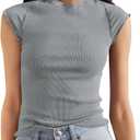 Tankaneo Womens Cap Sleeve Tops Crew Neck Ribbed Knit T Shirt Summer Casual Slim Fit Basic Tees Tshirt (L)