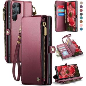 Defencase for Galaxy S25 Ultra Case Wallet with RFID Blocking Card Holder for Women Men, PU Leather Magnetic Snap Flip Wrist Strap Zipper Wallet Phone Cases for Samsung Galaxy S25 Ultra 6.9", Wine Red