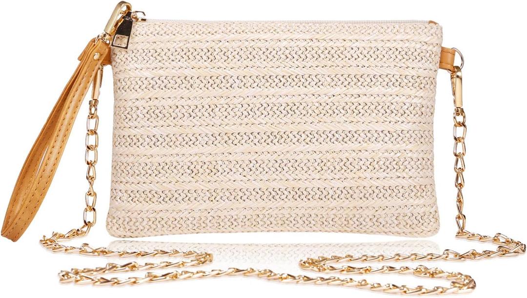 COOKOOKY Womens Straw Clutch Bag Bohemian Summer Beach Straw Purse Zipper Wristlet Wallets for Women (Large White)