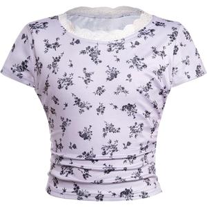 RoseSeek Girl's Ditsy Floral Print Lace T Shirt Short Sleeve Ribbed Ruched Cute Tee Shirts Summer Tops