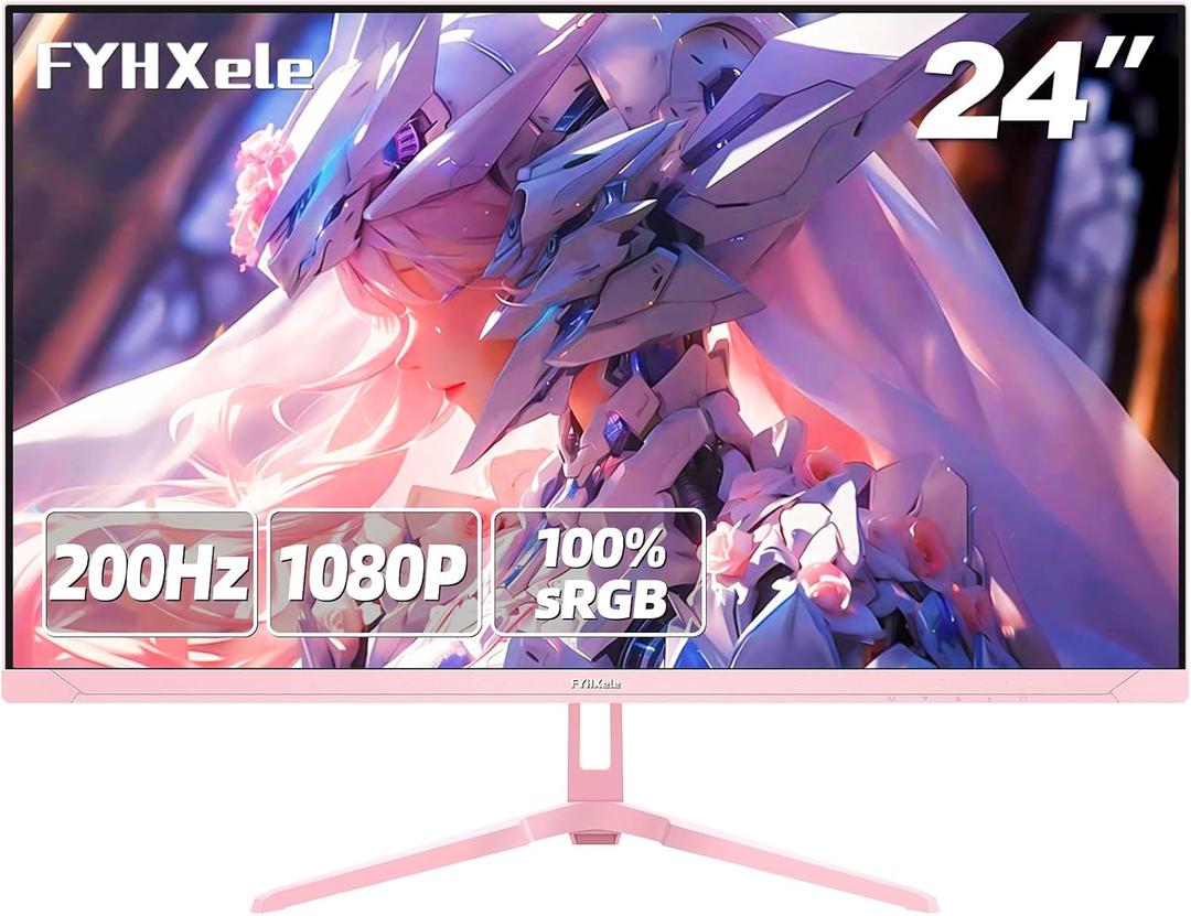 FYHXele 24 inch 200Hz Gaming Monitor, FHD 1080P Fast IPS PC Gaming Monitor, 1ms, freesync, 99% sRGB, USB/DisplayPort/HDMI/Eye Care/VESA Mountable-Pink