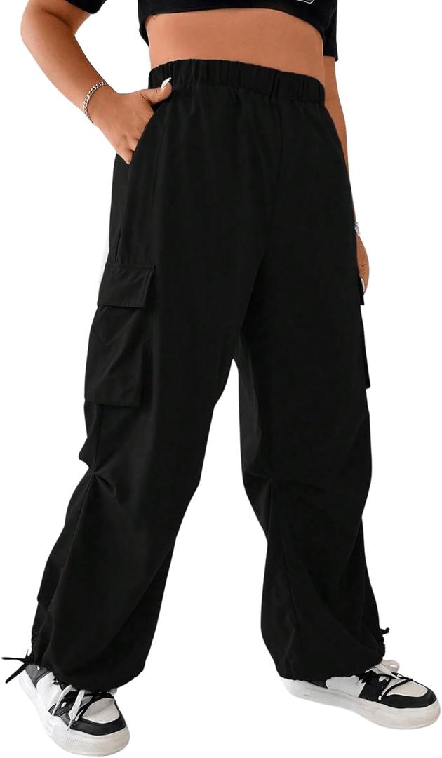 OYOANGLE Women's Plus Size Elastic High Waist Flap Pocket Cargo Pants Streetwear Loose Baggy Trousers with Pocket (XX-Large Plus, Black)