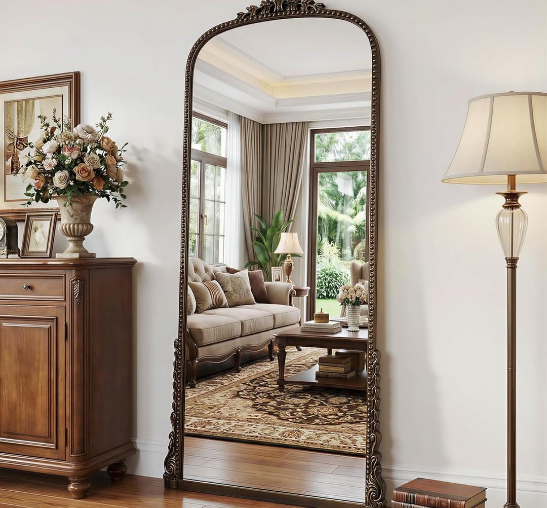 Antok Floor Mirror, 71"×32" Vintage Full Length Mirror Carved Full Body Mirror with Stand, Hanging Mounted for Bedroom Living Room Cloakroom,Bronze,Luxury Style