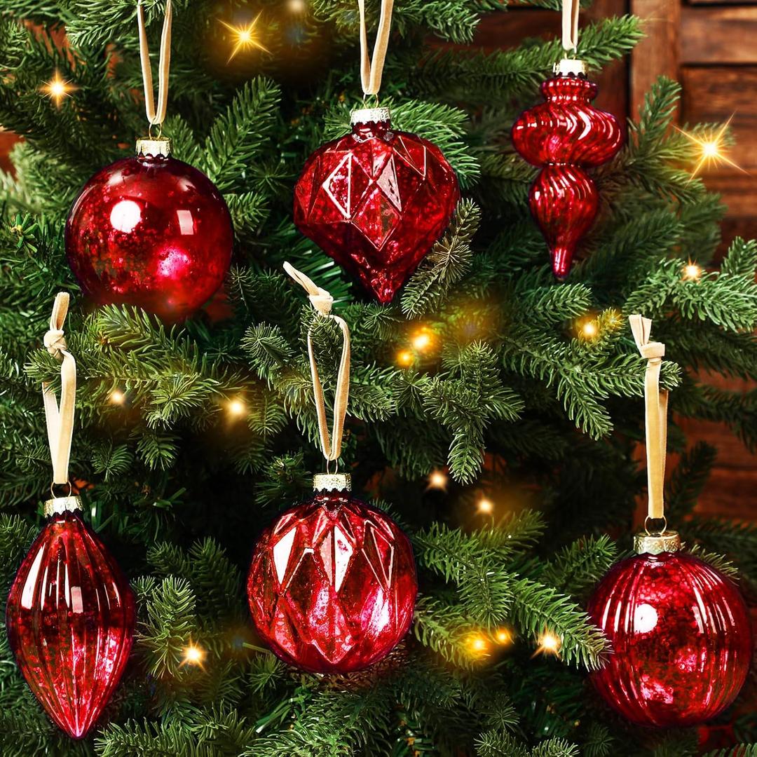 Civaner Set of 6 Red Mercury Glass Christmas Ornaments Large Hanging Mercury Glass Balls Finials Ornaments for Christmas Tree Decoration Holiday Decor