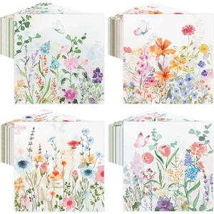 80 Pcs Spring Wildflower Paper Napkins Disposable Floral Decoupage Cocktail Napkins Decorative Butterfly Floral Beverage Towel for Spring Summer Party Favor Supplies,6.5"*6.5"