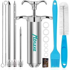 Marinade Injector Syringe Kit & Brush Set, Stainless Steel Meat Injector with 3 Professional Needles, 2-oz Large Capacity, Creates Tender Meat & Poultry Flavor, for BBQ Grill Smoker & Turkey & Brisket