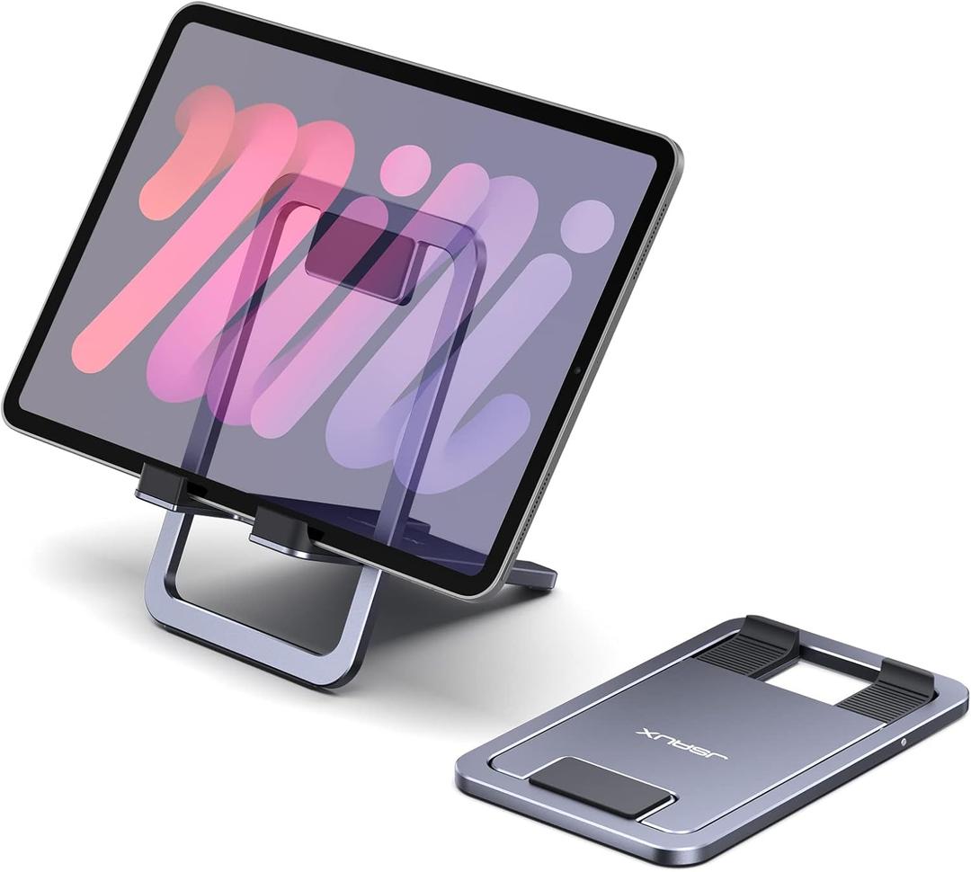 JSAUX Universal Tablet Stand, Portable Foldable Tablet Holder for Desk Compatible with iPad Mini/Air, Samsung Galaxy Tab, Kindle Fire, Steam Deck, Switch, ROG Ally, iPhone and Other Tablets-Gray (Gray)