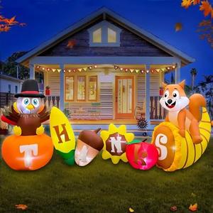 Thanksgiving Inflatable Turkey with Pumpkin Outdoor Decorations, LED Light Up Thanksgiving Blow Up Turkey with Corn Squirrel and Cornucopia for Celebrate Autumns Fall Harvest Yard Decor