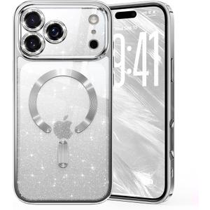 Glitter for iPhone 17 Pro Case with Eye-catching Integrated Lens Protection, [Sparkly Bling Back Panel] [Seamless Work with Magsafe] Cute Women Girly Magnetic Phone Case for iPhone 17 Pro 6.3" Silver